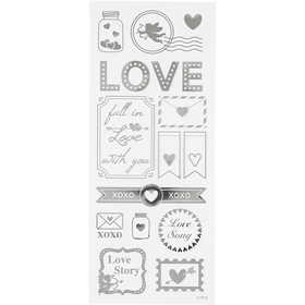 Stickers, love, vel 10x24 cm, ca. 14 stuk, zilver, 1 vel [HOB-29142]