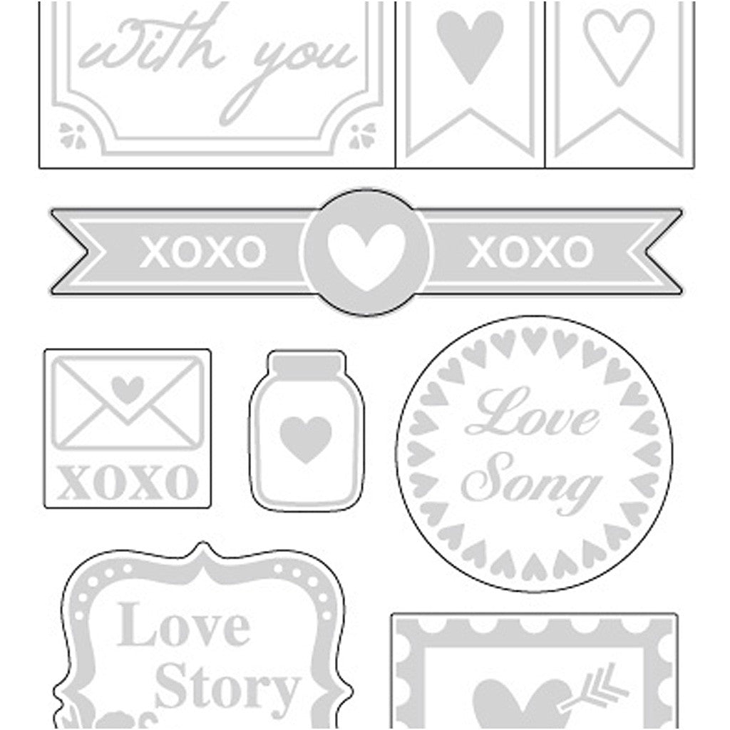Stickers, love, vel 10x24 cm, ca. 14 stuk, zilver, 1 vel [HOB-29142]