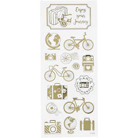 Stickers, om de wereld, vel 10x24 cm, ca. 15 stuk, goud, 1 vel [HOB-29144]
