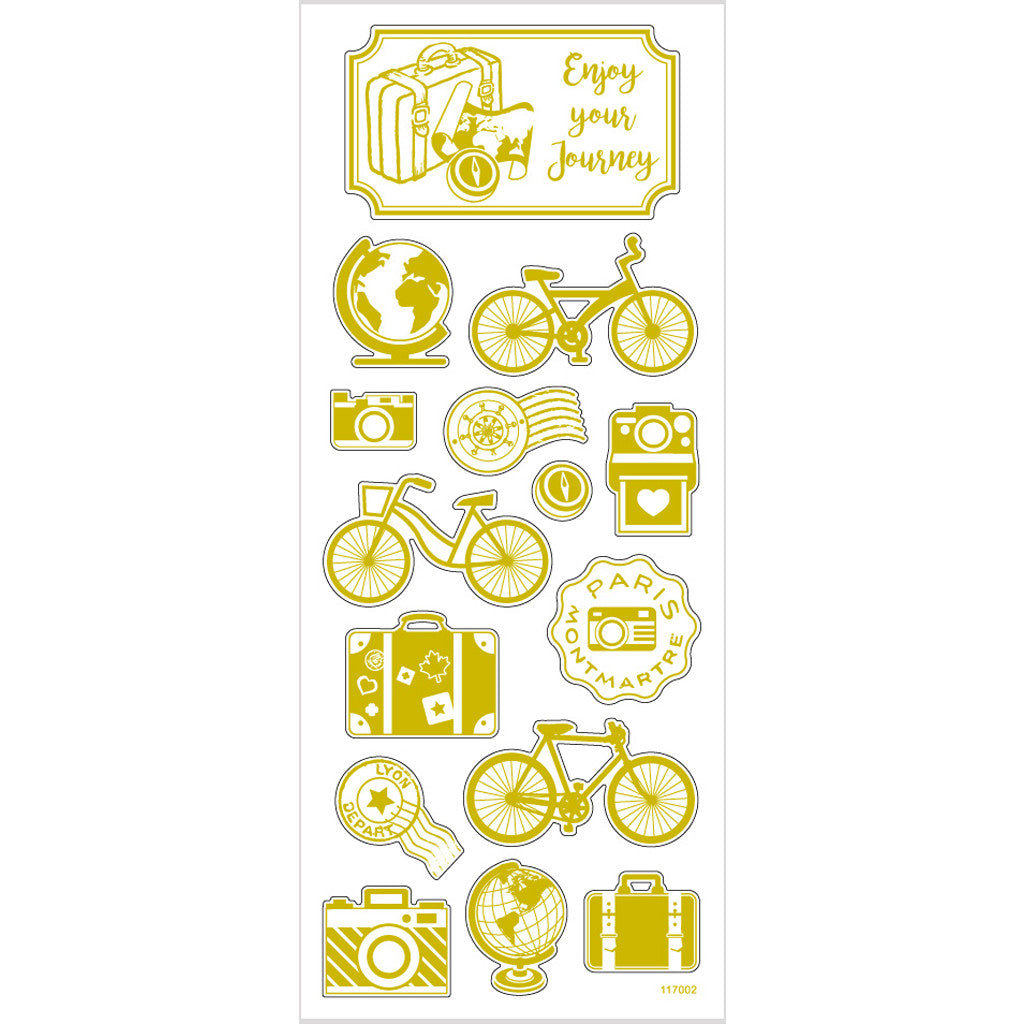 Stickers, om de wereld, vel 10x24 cm, ca. 15 stuk, goud, 1 vel [HOB-29144]