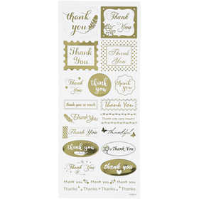 Stickers, thank you, vel 10x24 cm, ca. 19 stuk, goud, 1 vel [HOB-29147]