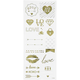 Stickers, love, vel 10x24 cm, ca. 14 stuk, goud, 1 vel [HOB-29148]