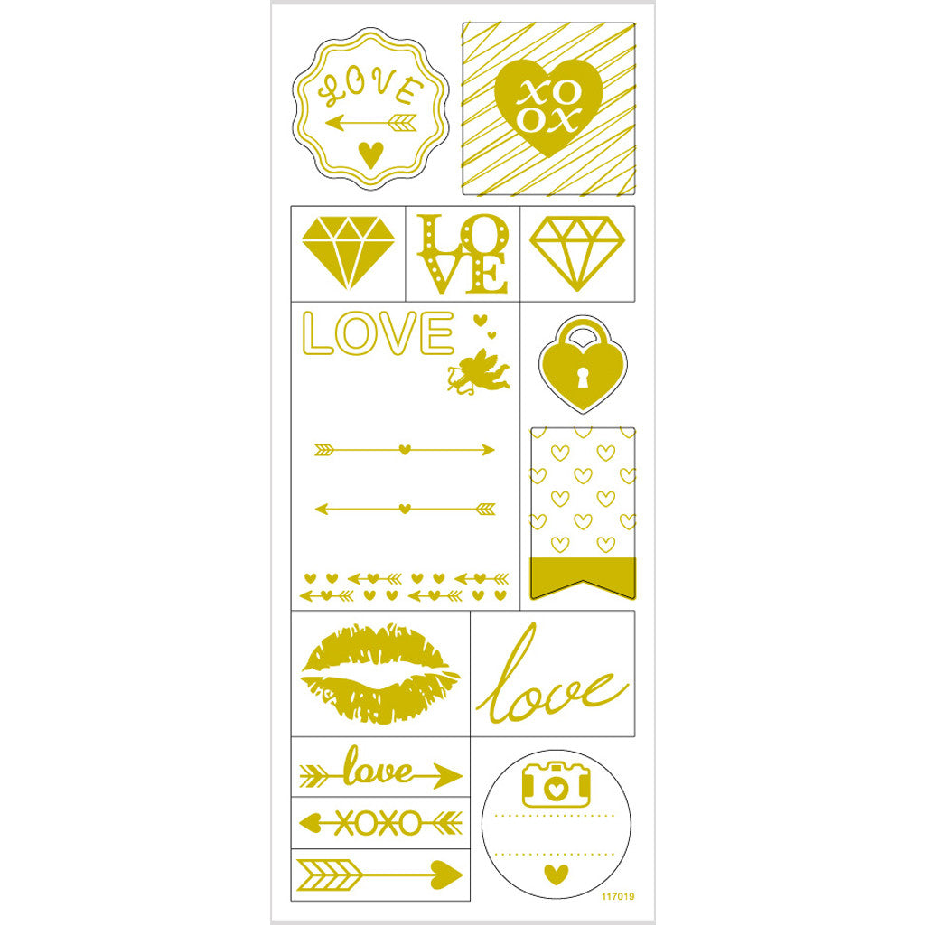 Stickers, love, vel 10x24 cm, ca. 14 stuk, goud, 1 vel [HOB-29148]