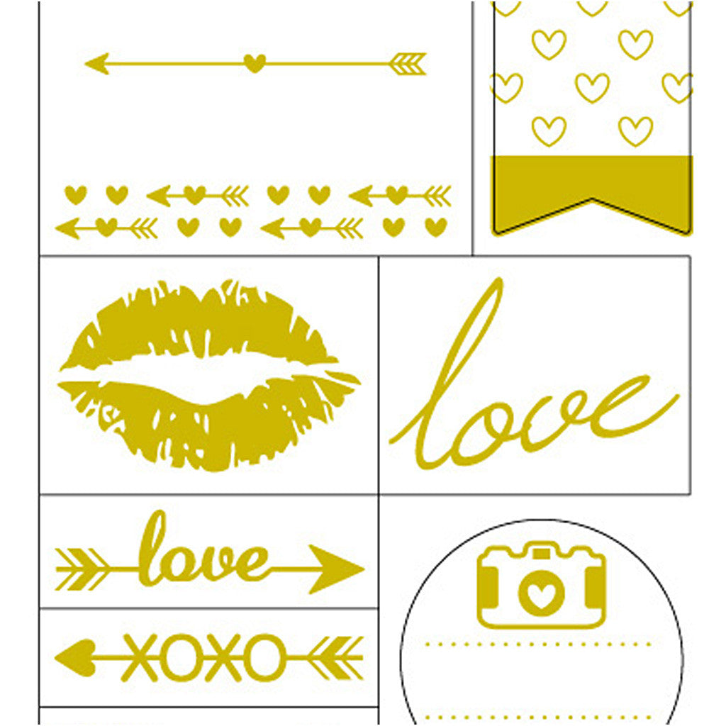 Stickers, love, vel 10x24 cm, ca. 14 stuk, goud, 1 vel [HOB-29148]