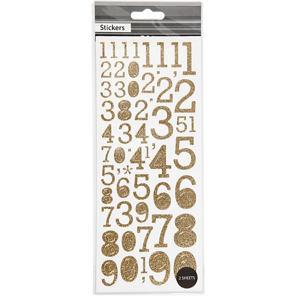 Glitterstickers, cijfers, vel 10x24 cm, goud, 2 vel/ 1 doos [HOB-29155]