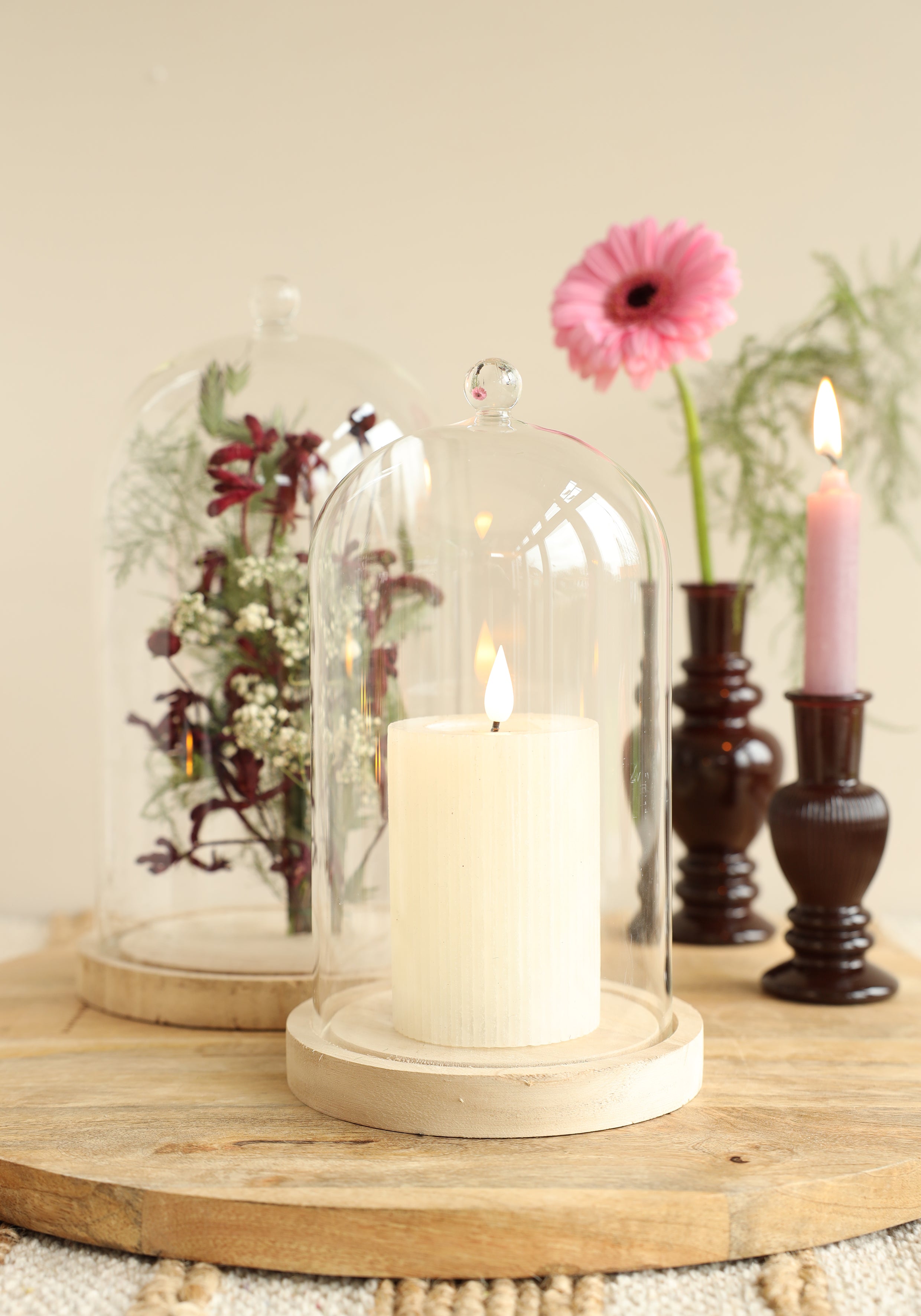 Glazen stolp met glazen knop met houten basis Ø14 h.23,5 cm (1 st) [IFS-29314]