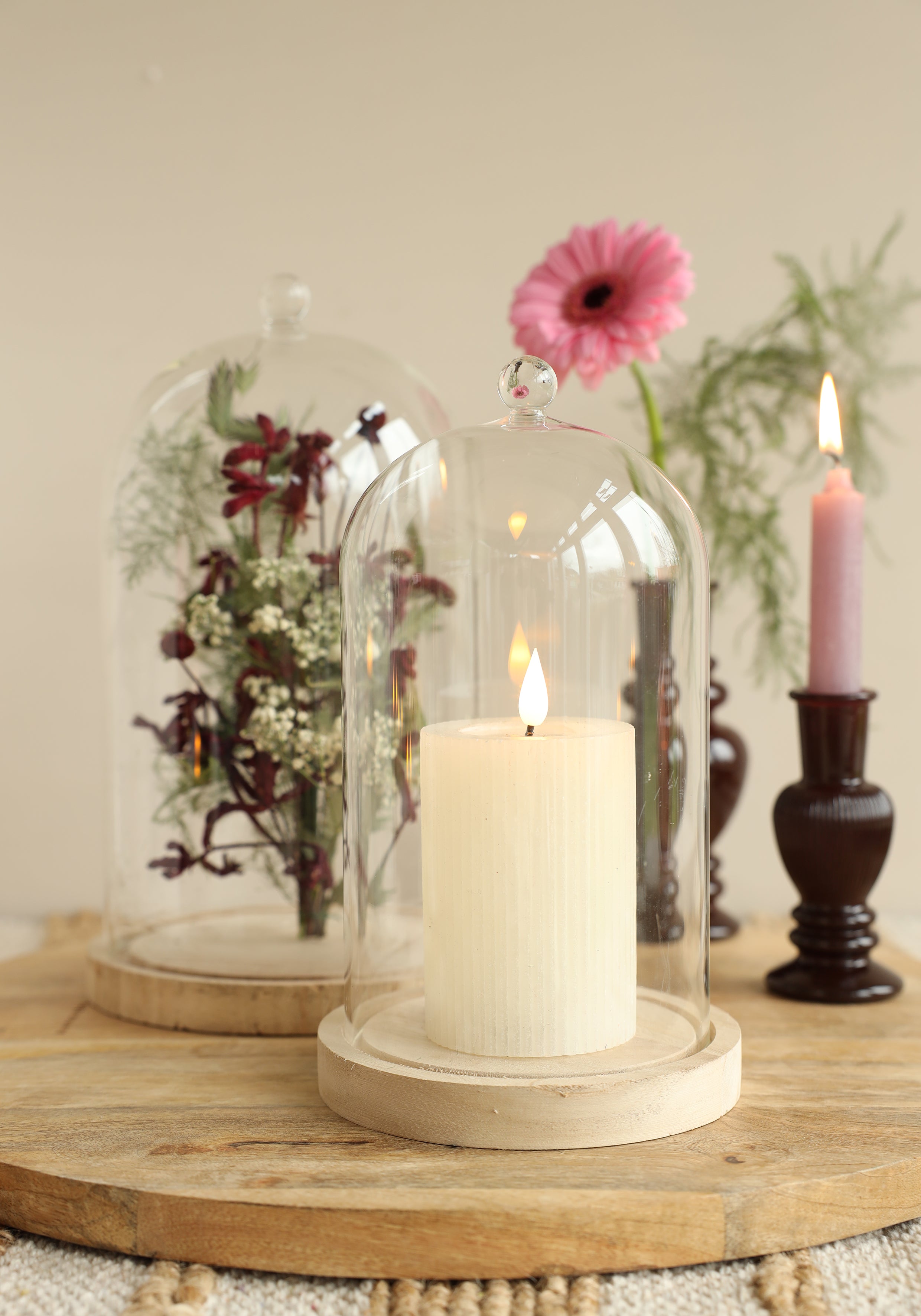 Glazen stolp met glazen knop met houten basis Ø17 h.28 cm (1 st) [IFS-29315]