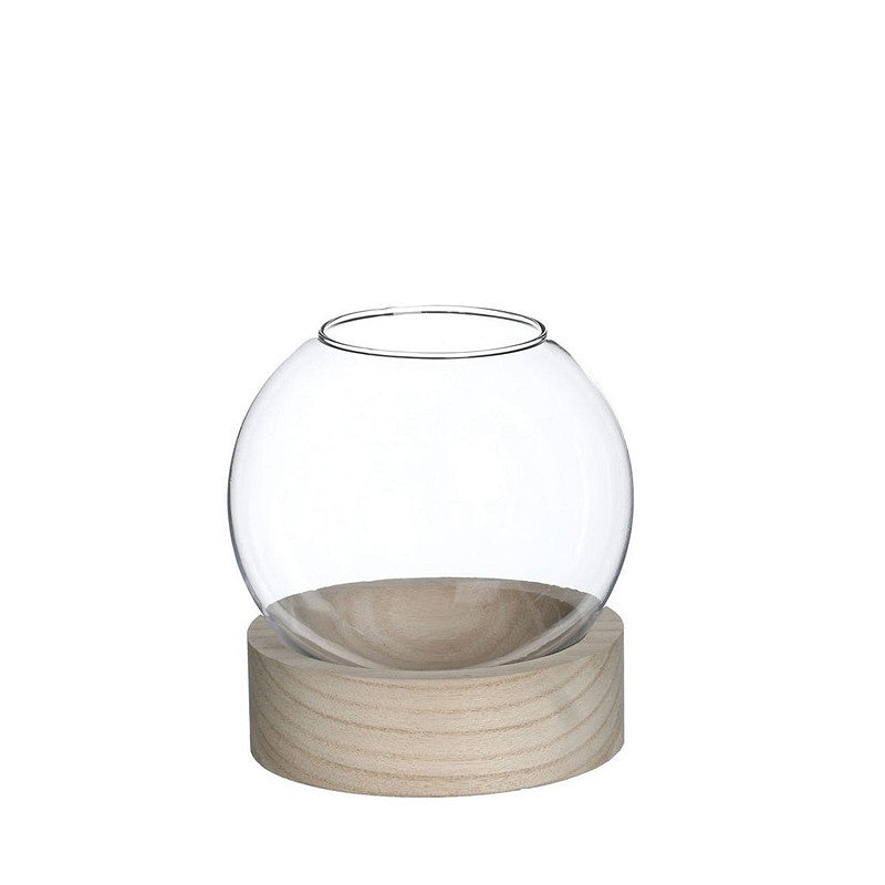 Glass Ball Vase w.Wood Base Ø13 h.14cm