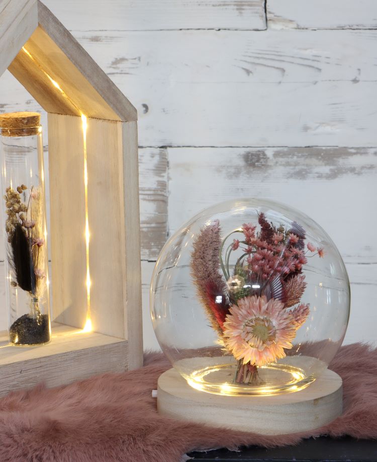 Glazen LED bol rond Ø13cm met houten basis (1 st.) [IFS-29488]