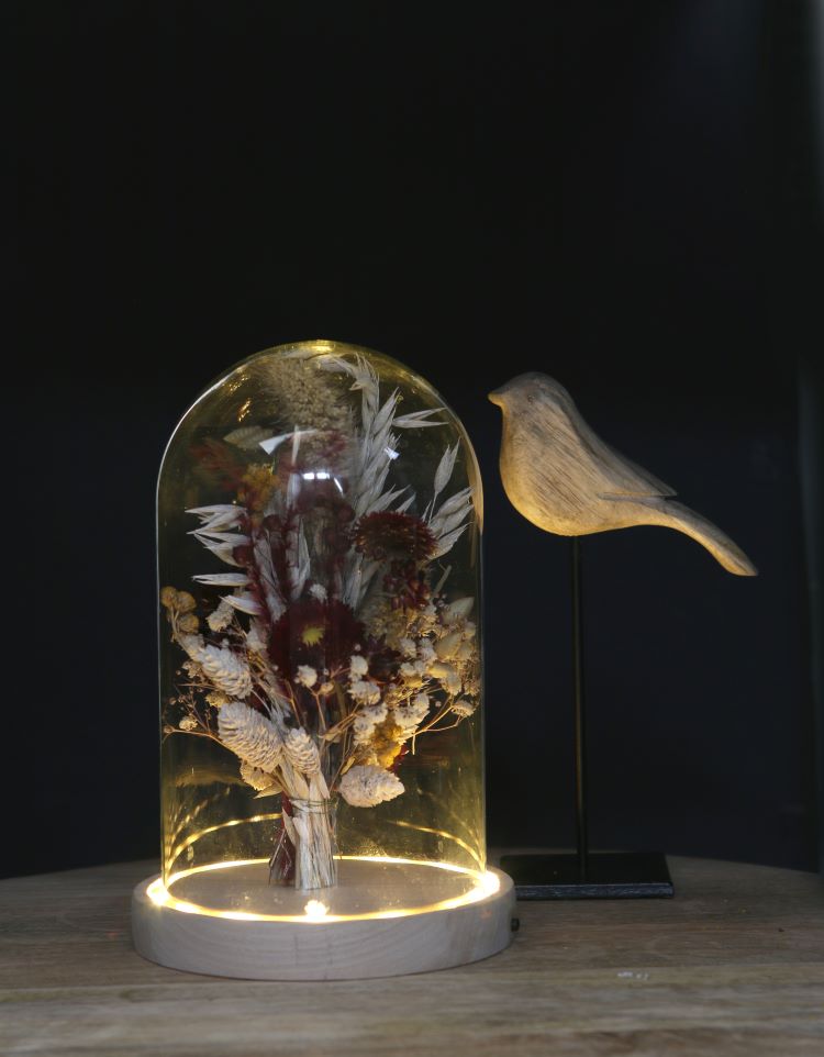 Glazen LED stolp Ø14cm H:20cm met houten basis (1 st.) [IFS-29494]