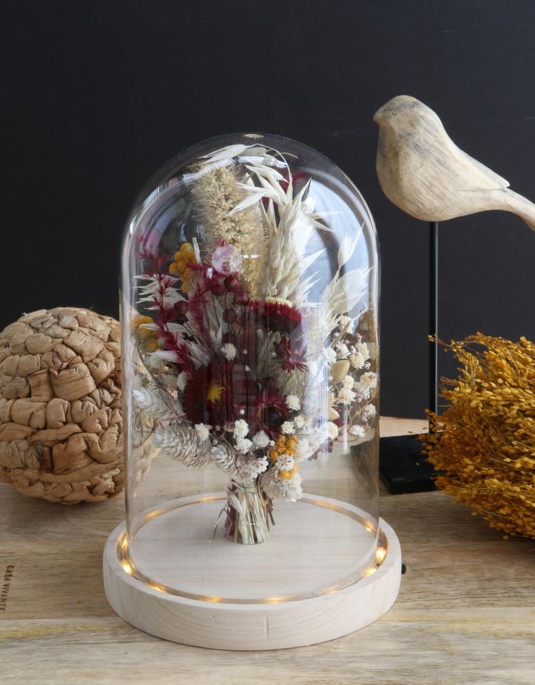 Glazen LED stolp Ø14cm H:20cm met houten basis (1 st.) [IFS-29494]