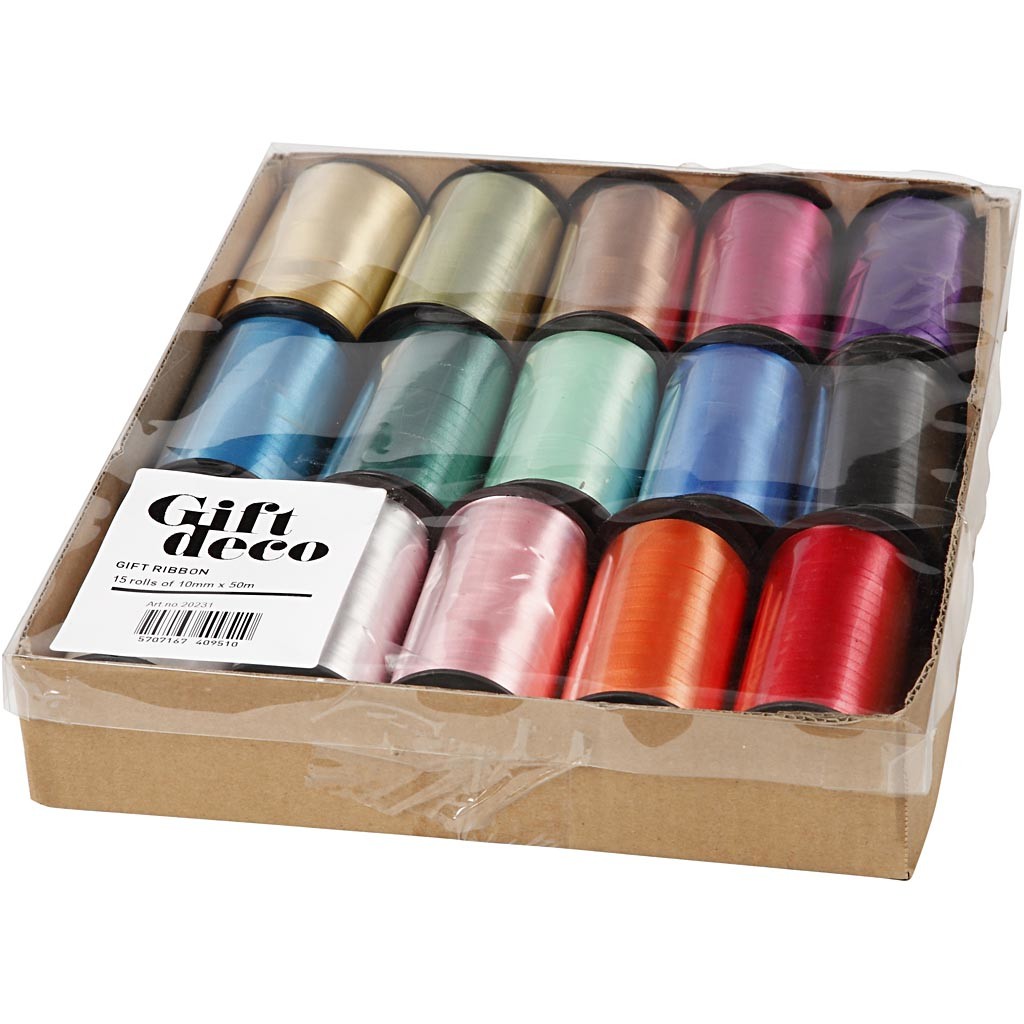 Cadeaulint, B: 10 mm, glossy, diverse kleuren, 15x50 m/ 1 doos [HOB-20231]