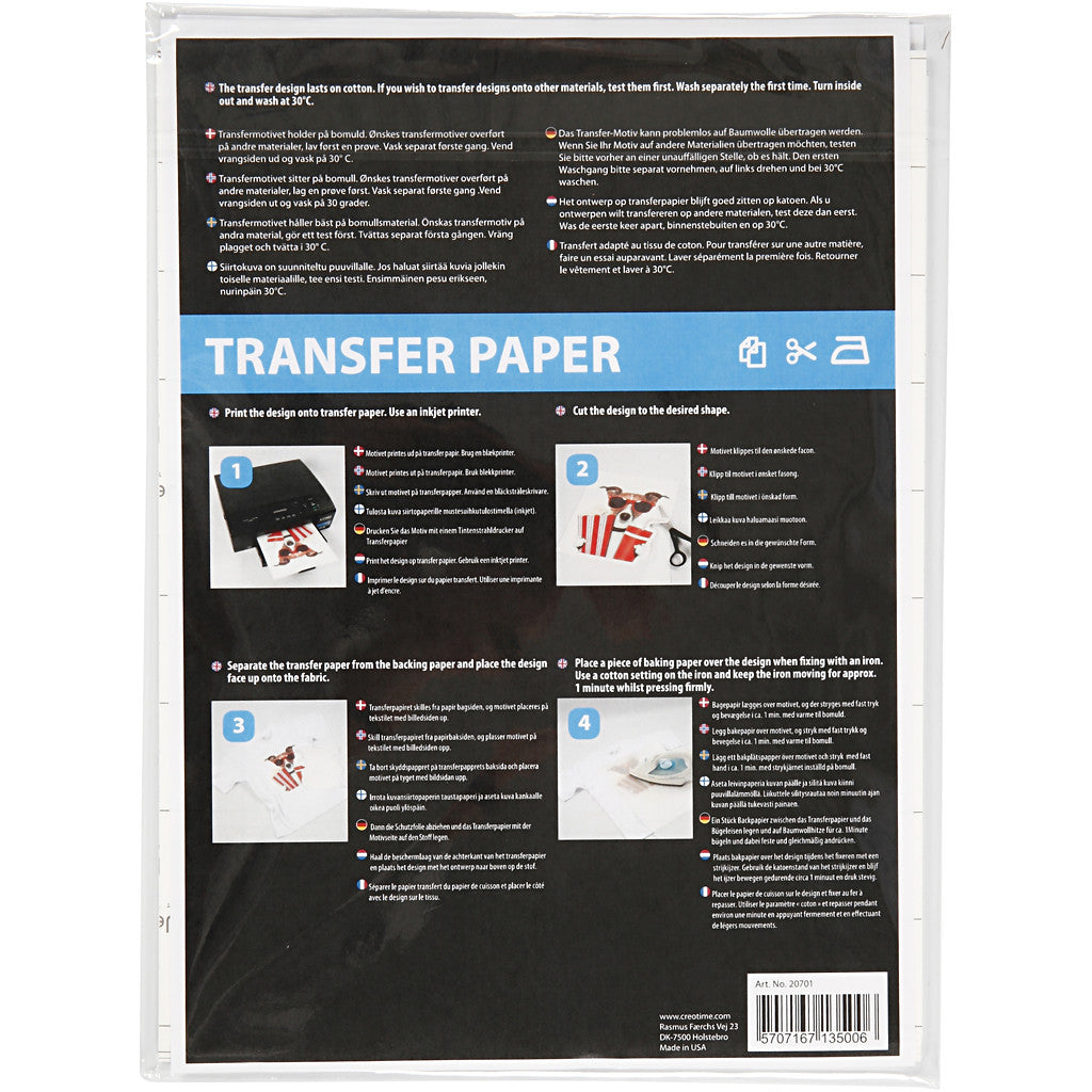 Transfer vellen, vel 21,5x28 cm, voor donker en licht textiel, wit, 12 vel/ 1 doos [HOB-20701]