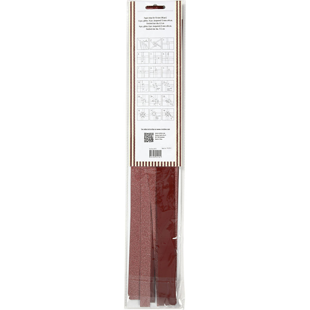 Papieren vlechtstroken, L: 44+78 cm, B: 15+25 mm, d 6,5+11,5 cm, glitter,vernis, rood, 40 stroken/ 1 doos [HOB-20775]