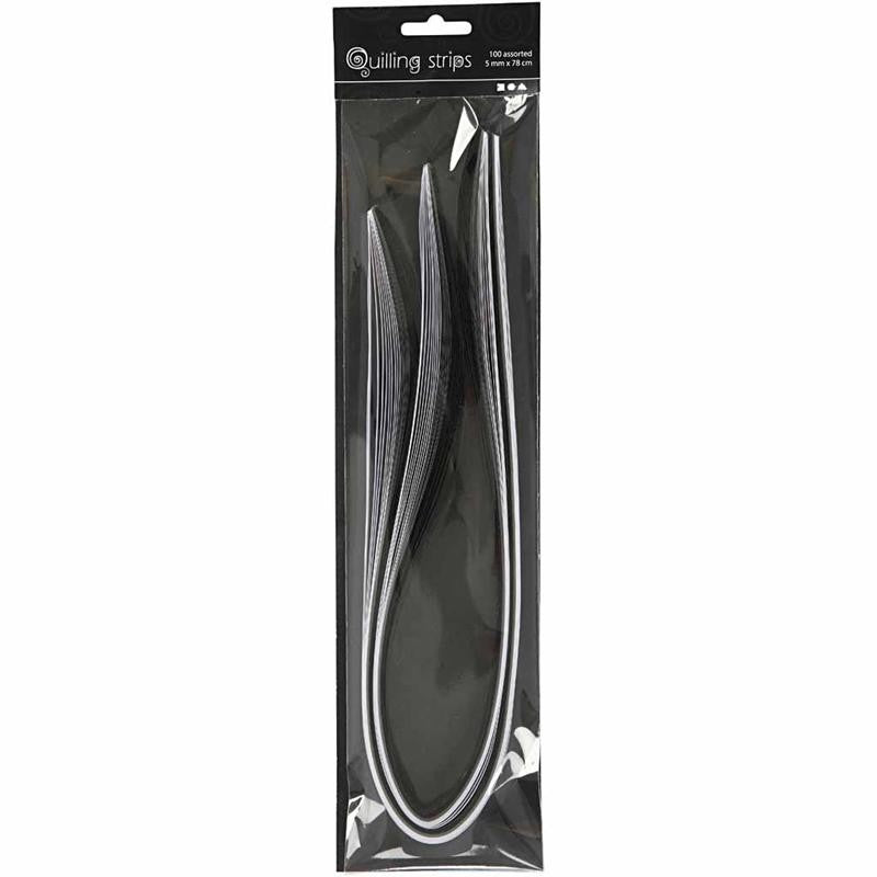Quilling stroken, L: 78 cm, B: 5 mm, 120 gr, zwart, grijs, wit, 100 stuk/ 1 doos [HOB-20797]
