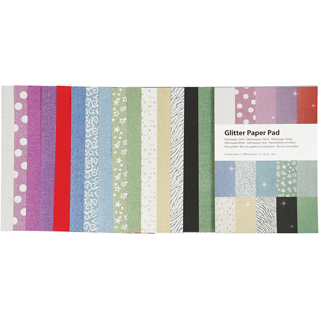 Glitterpapier blok, A4, vel 210x297 mm, 150 gr, 30 vel/ 1 stuk [HOB-21062]
