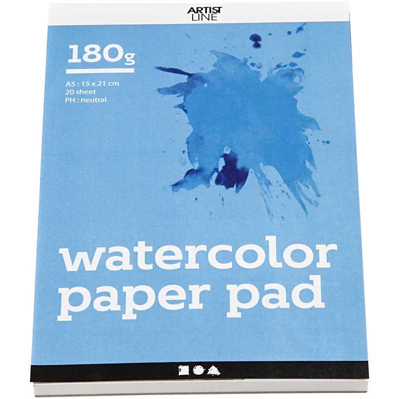Aquarelblok, A5, vel 148x210 mm, 180 gr, wit, 20 vel/ 1 stuk [HOB-22108]