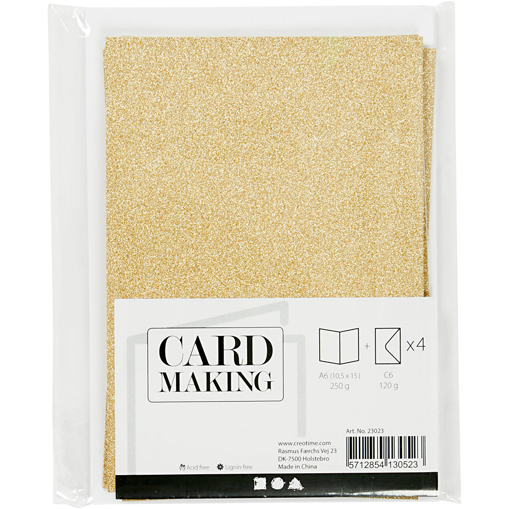 Kaarten en enveloppen, afmeting kaart 10,5x15 cm, afmeting envelop 11,5x16,5 cm, glitter, 120+250 gr, goud, 4 set/ 1 doos [HOB-23023]