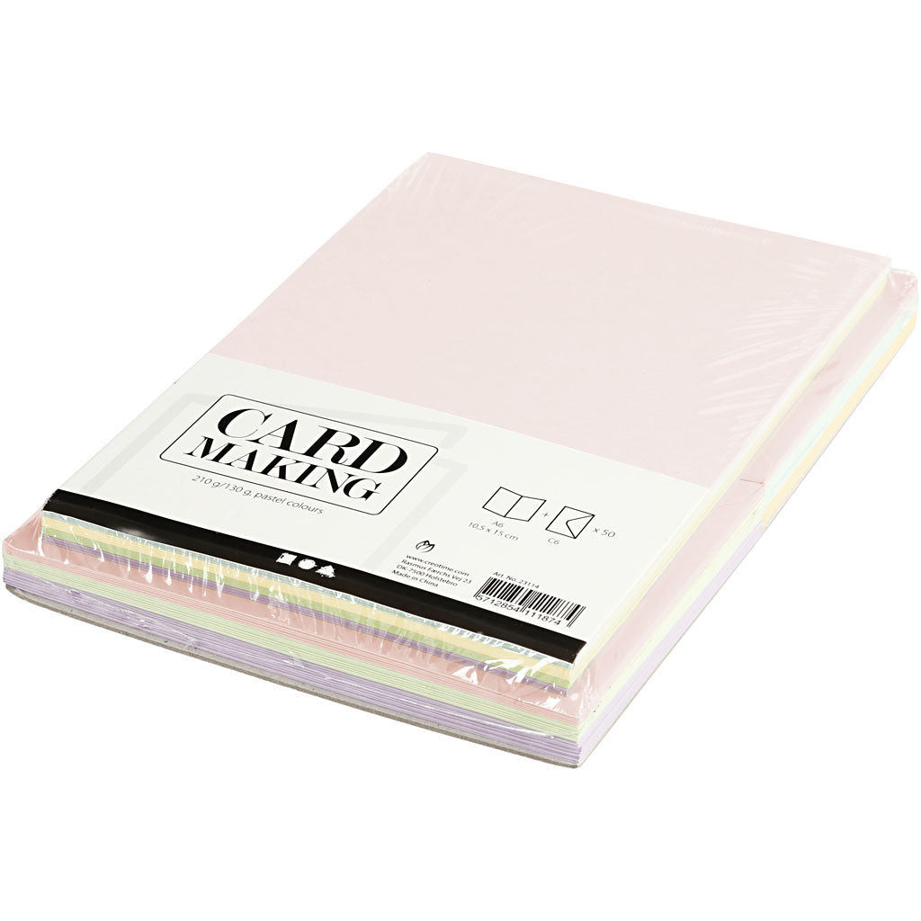 Kaarten en enveloppen, afmeting kaart 10,5x15 cm, afmeting envelop 11,5x16,5 cm, 110+220 gr, pastelkleuren, 50 set/ 1 doos [HOB-23114]