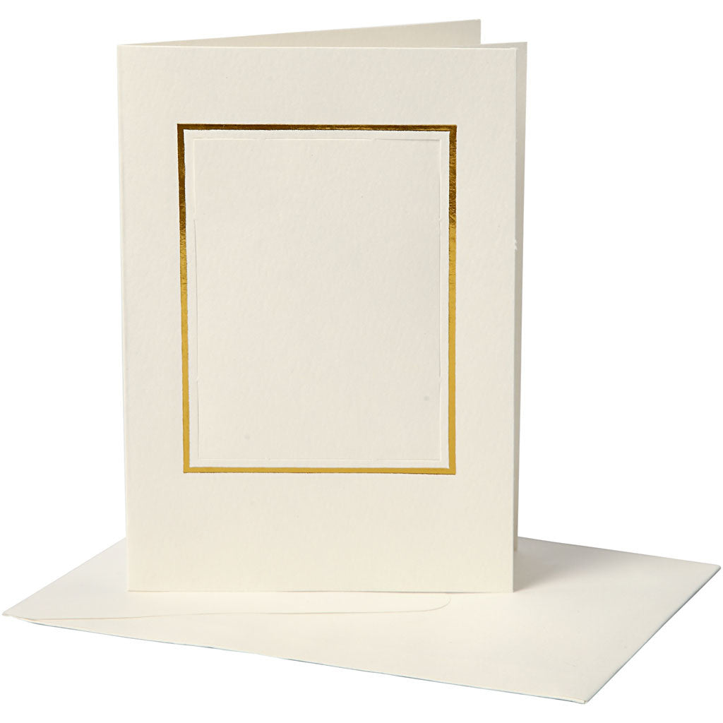 Passepartout kaarten , rechthoek met gouden rand, afmeting kaart 10,5x15 cm, afmeting envelop 11,5x16,5 cm, off-white, 10 set/ 1 doos [HOB-23726]