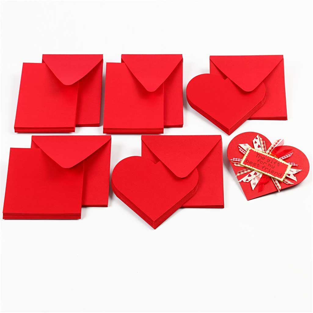 Hartvormige Kaarten, afmeting kaart 12,5x12,5 cm, afmeting envelop 13,5x13,5 cm, rood, 10 set/ 1 doos [HOB-23762]