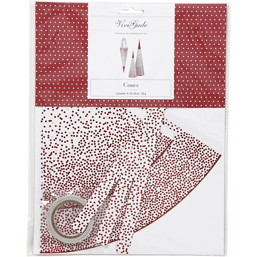 Kegels, H: 18+28 cm, 120 gr, rood, wit, 3 stuk/ 1 doos [HOB-24364]