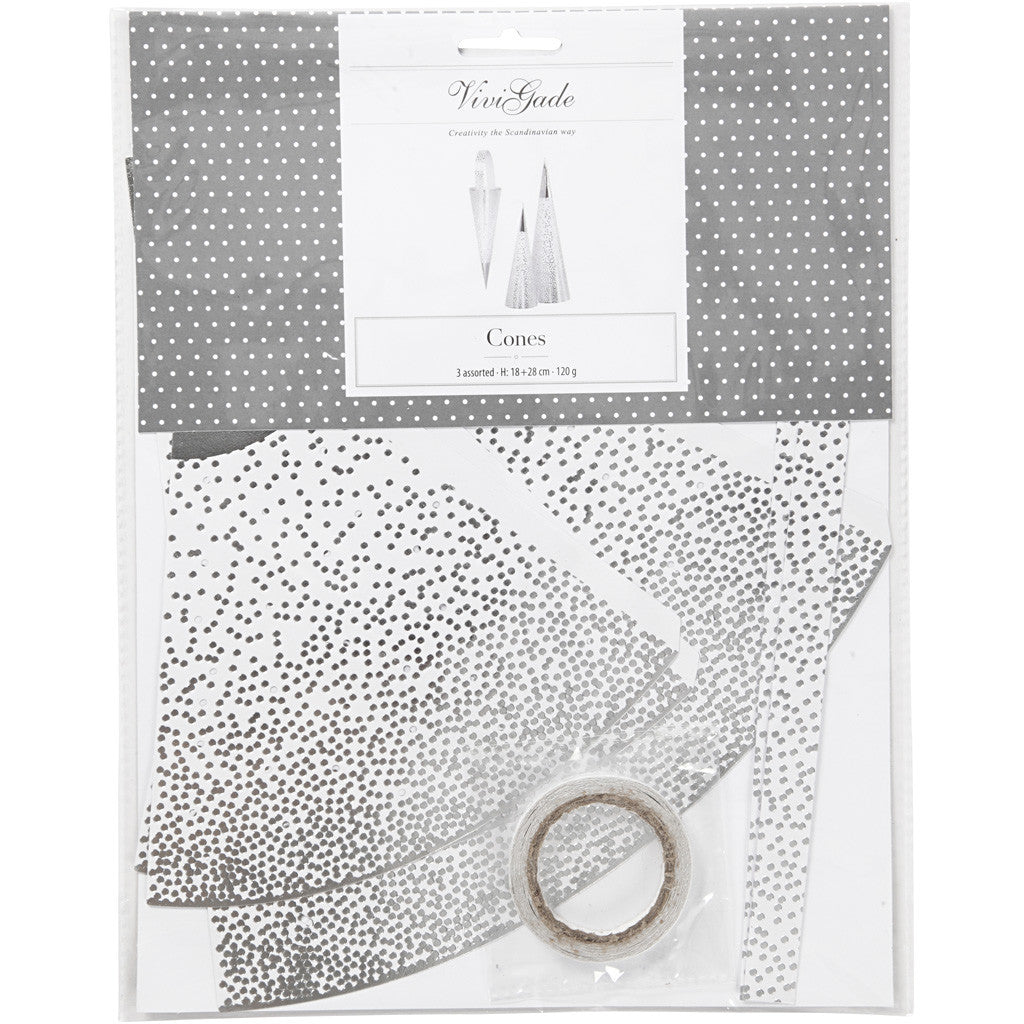 Kegels, H: 18+28 cm, 120 gr, zilver, wit, 3 stuk/ 1 doos [HOB-24365]