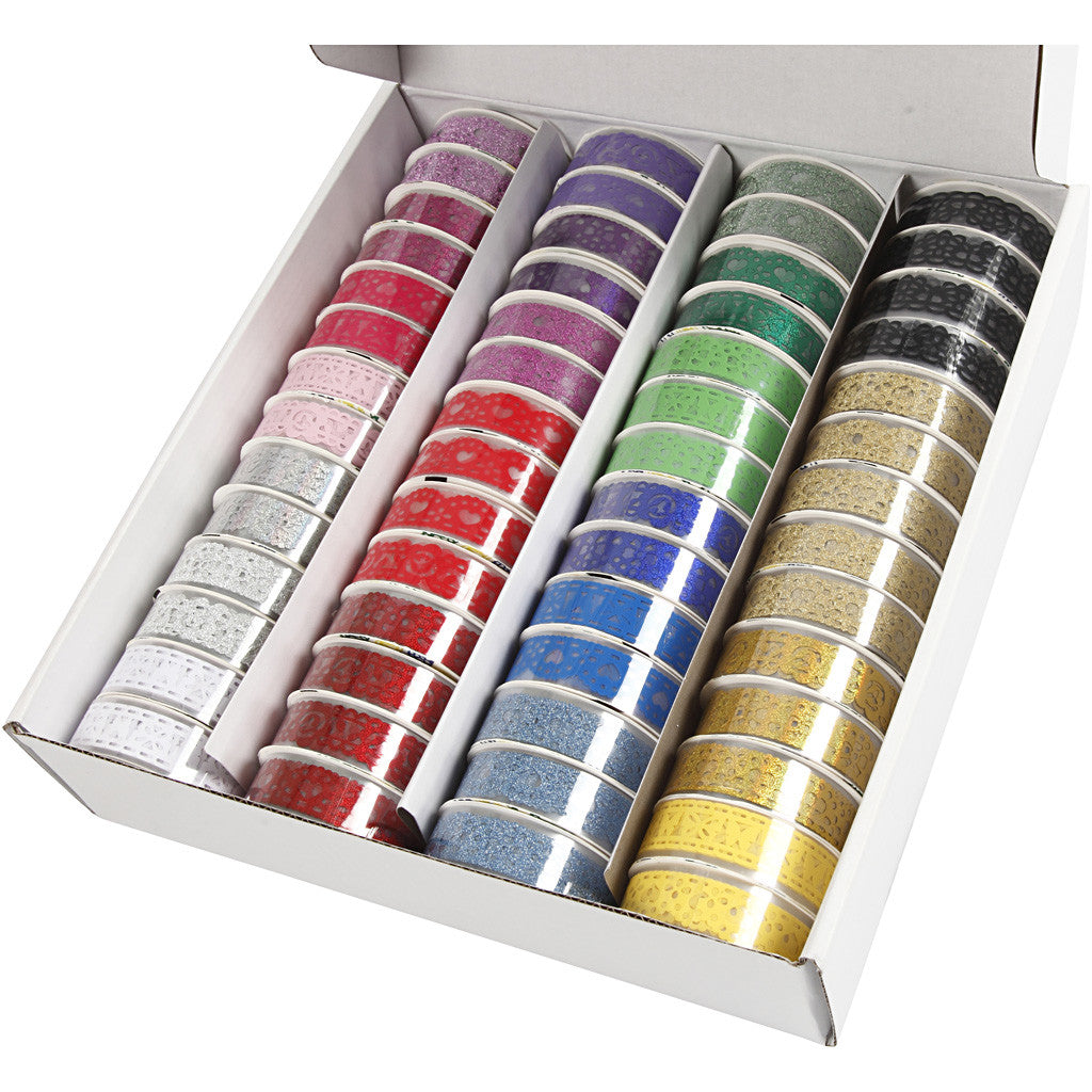 Lace tape set, B: 15 mm, diverse kleuren, 56x3 m/ 1 doos [HOB-24614]