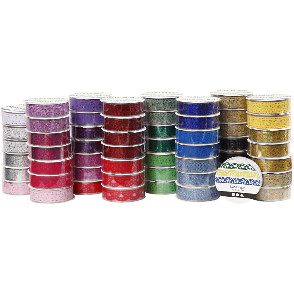 Lace tape set, B: 15 mm, diverse kleuren, 56x3 m/ 1 doos [HOB-24614]