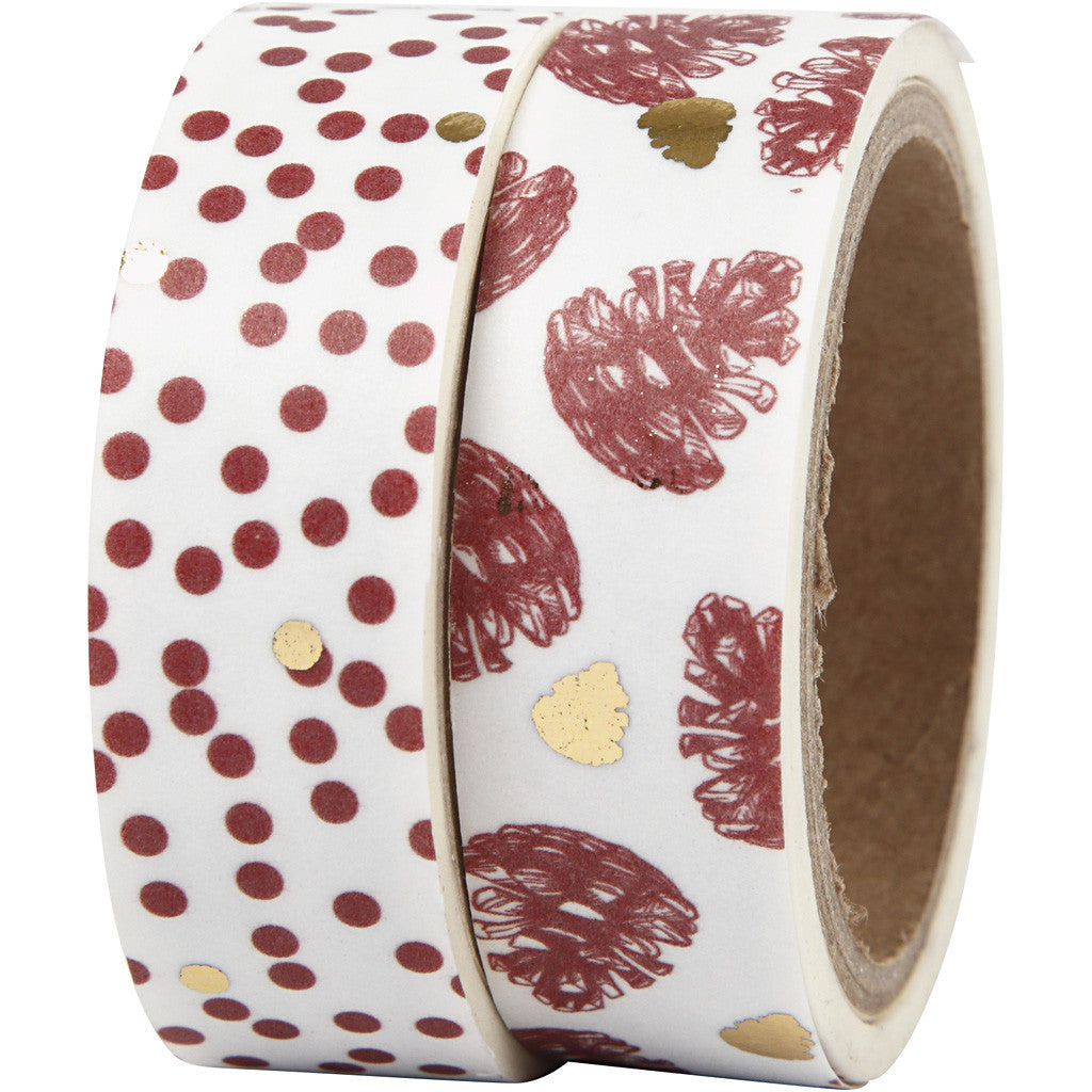 Masking Tape, denneappels en stippen - folie, B: 15 mm, 2x4 m/ 1 doos [HOB-24762]