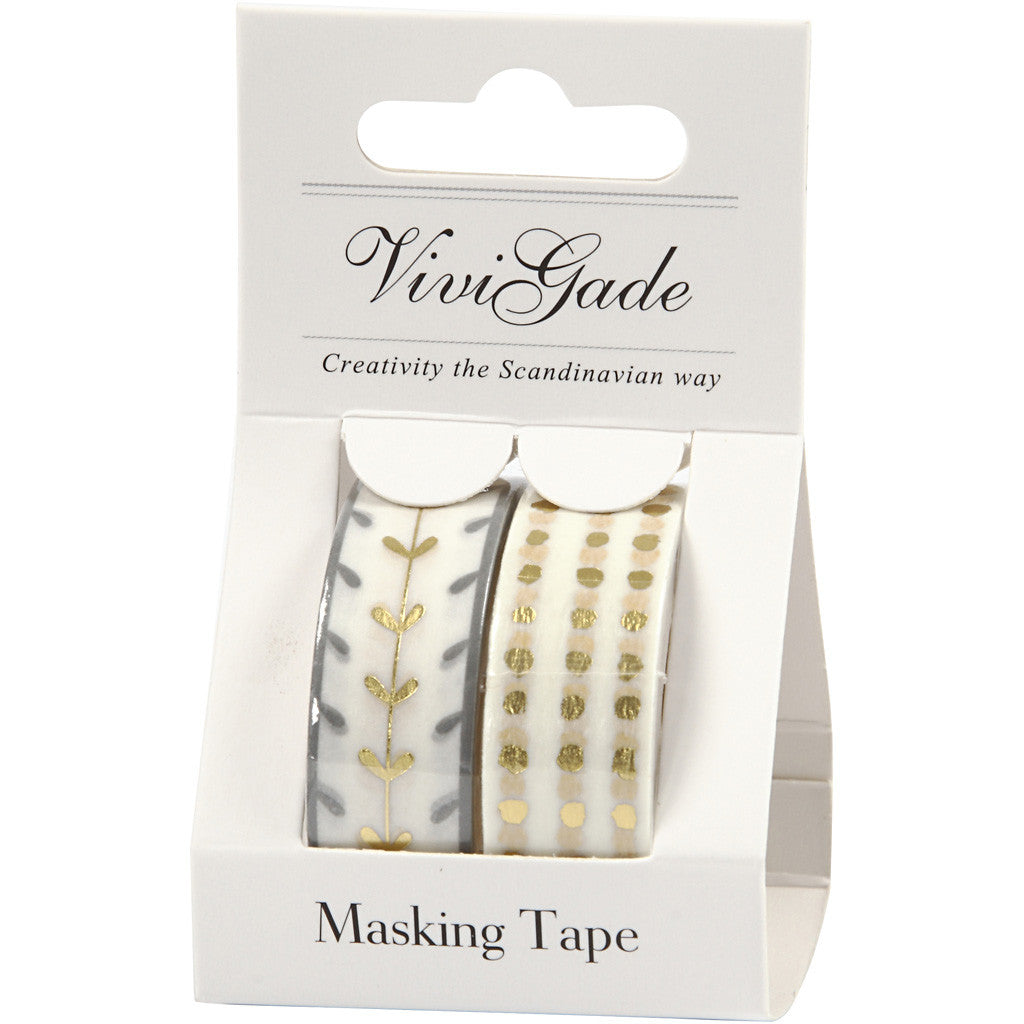 Masking Tape, harten en stippen - folie, B: 15 mm, goud, wit, 2x4 m/ 1 doos [HOB-24767]