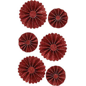 Rosettes, d 35+50 mm, rood glitter, 6 stuk/ 1 doos [HOB-24775]