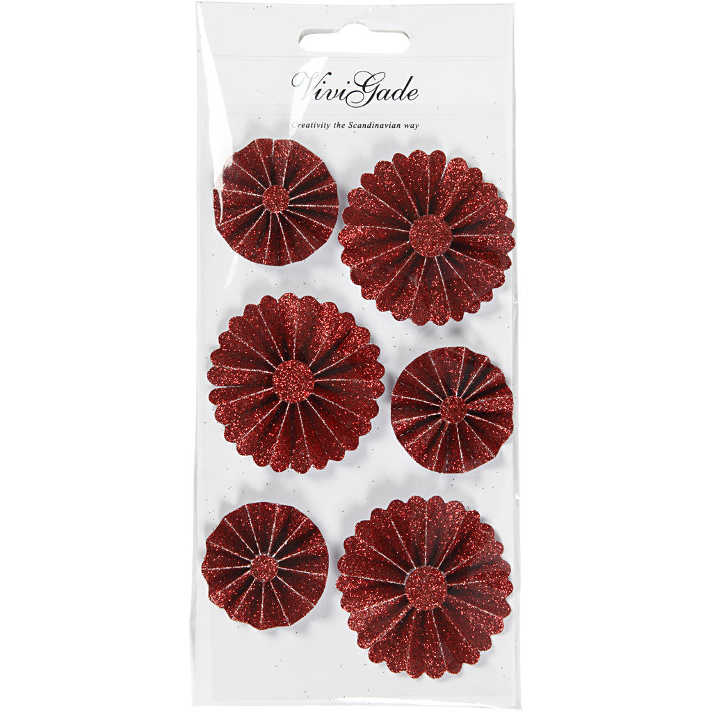 Rosettes, d 35+50 mm, rood glitter, 6 stuk/ 1 doos [HOB-24775]