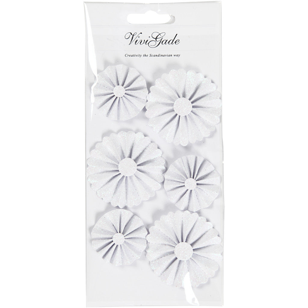 Rosettes, d 35+50 mm, wit glitter, 6 stuk/ 1 doos [HOB-24782]