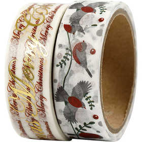 Masking Tape, Merry Christmas en vogels - folie, B: 15 mm, 2x4 m/ 1 doos [HOB-24797]