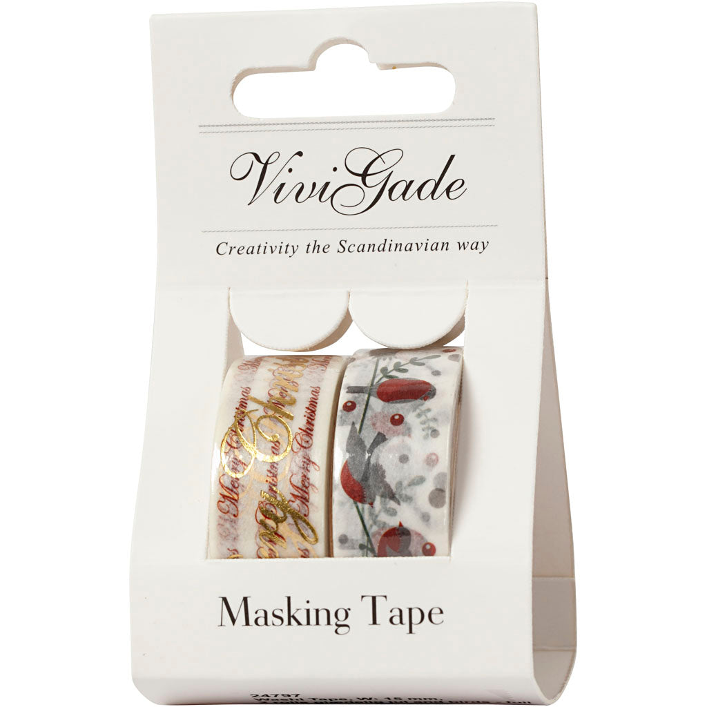 Masking Tape, Merry Christmas en vogels - folie, B: 15 mm, 2x4 m/ 1 doos [HOB-24797]