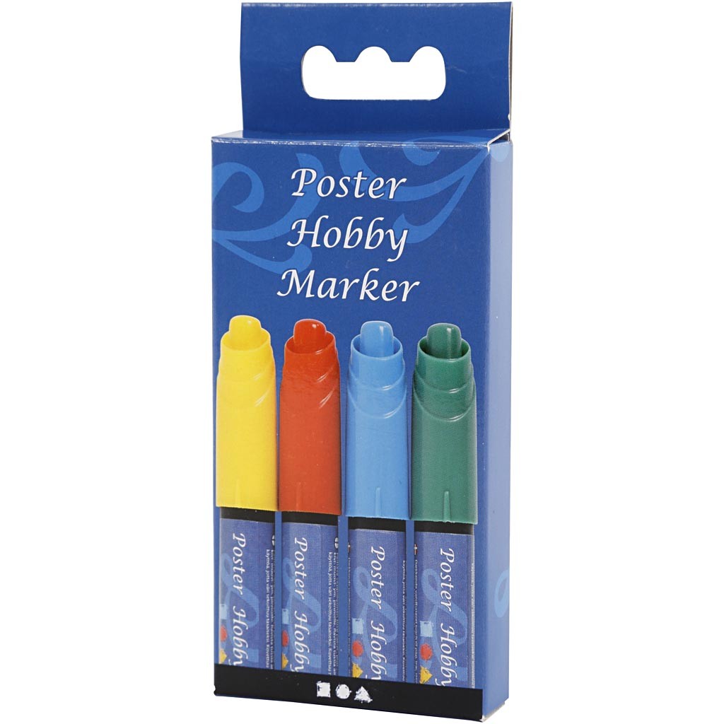 Poster Hobby Marker, lijndikte 3 mm, blauw, groen, rood, geel, 4 stuk/ 1 doos [HOB-25048]