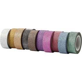 Glitter tape, B: 15 mm, diverse kleuren, 10x6 m/ 1 doos [HOB-25224]