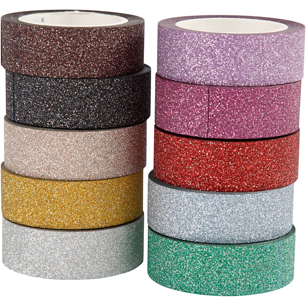 Glitter tape, B: 15 mm, diverse kleuren, 10x6 m/ 1 doos [HOB-25224]