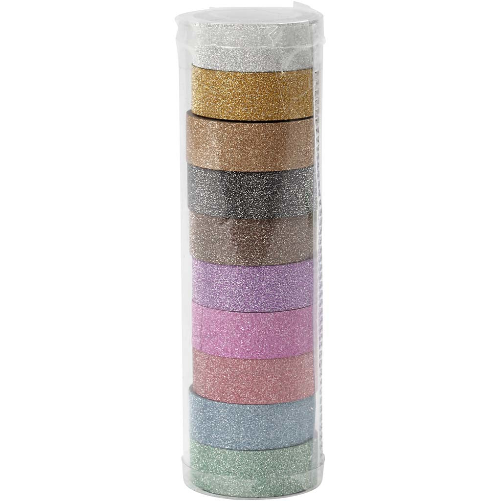 Glitter tape, B: 15 mm, diverse kleuren, 10x6 m/ 1 doos [HOB-25224]