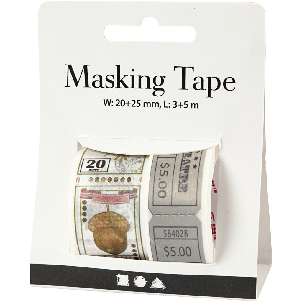 Masking tape, ticket en natuurmotieven, L: 3+5 M, B: 20+25 mm, 2 rol/ 1 doos [HOB-25242]