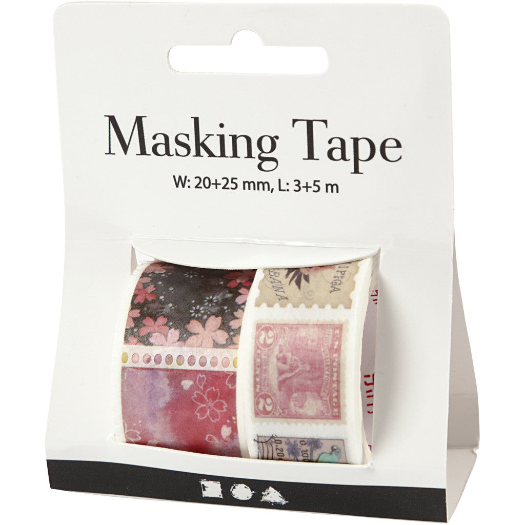 Masking tape, stempel- en bloemmotieven, L: 3+5 M, B: 20+25 mm, 2 rol/ 1 doos [HOB-25244]