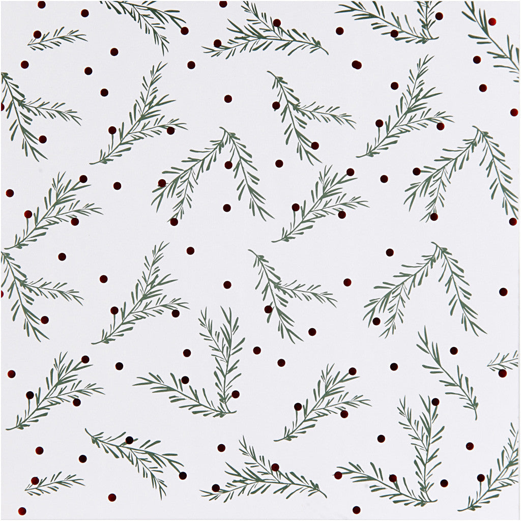 Design papier, tak en stippen, vel 30,5x30,5 cm, 180 gr, goud, groen, rood, wit, 3 vel/ 1 doos [HOB-25338]