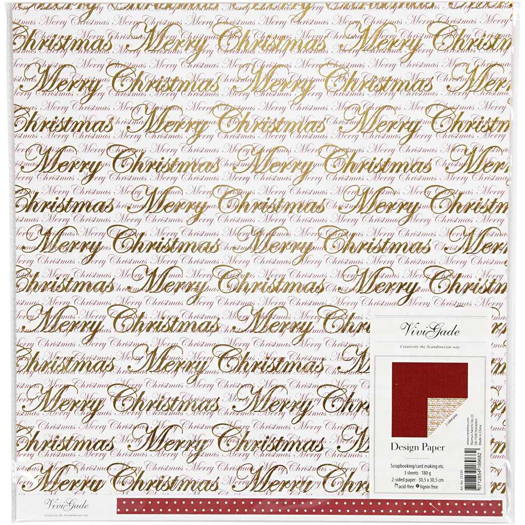 Design papier, Merry Christmas en stippen, vel 30,5x30,5 cm, 180 gr, goud, 3 vel/ 1 doos [HOB-25339]