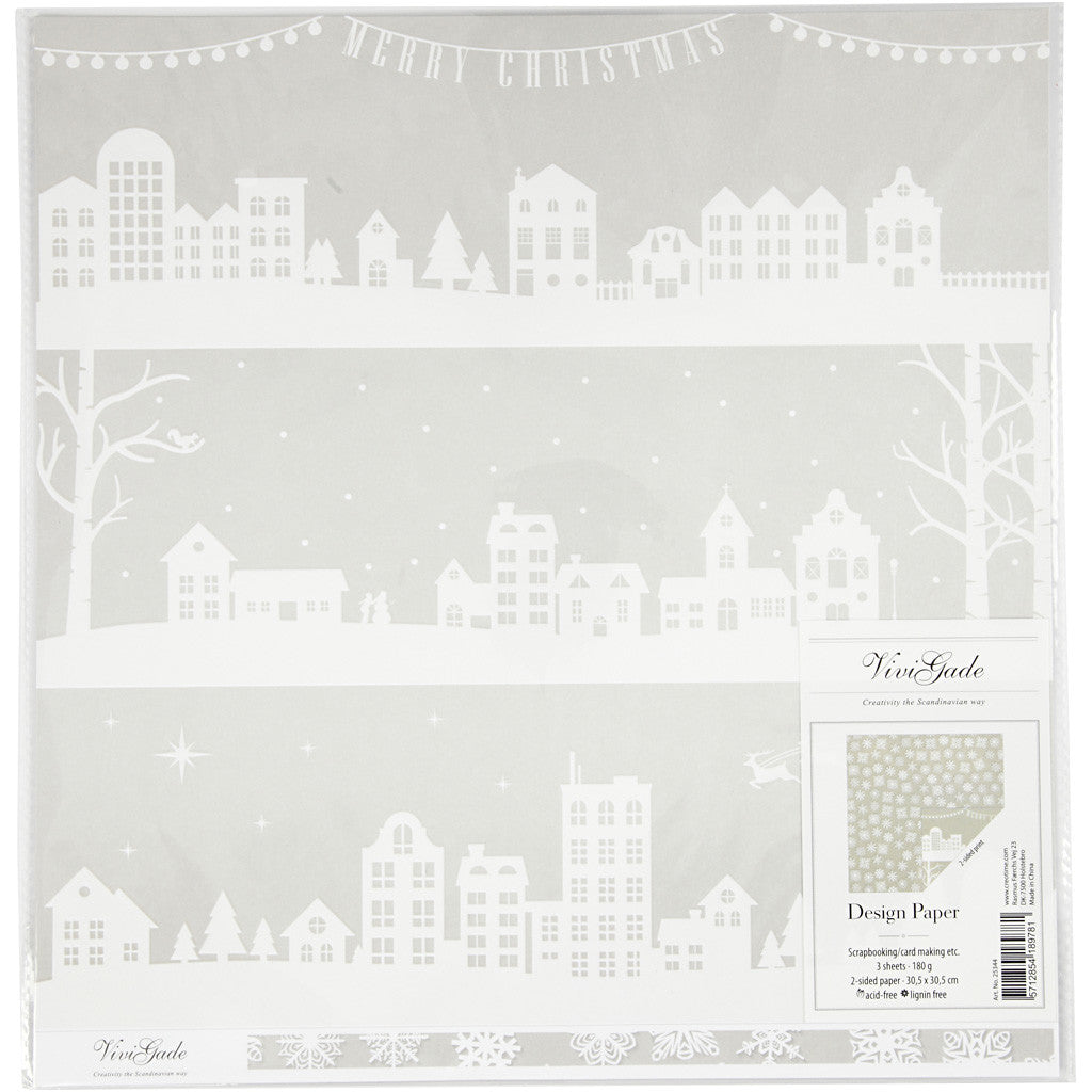 Design papier, huizen en sneeuwvlokken, vel 30,5x30,5 cm, 180 gr, 3 vel/ 1 doos [HOB-25344]