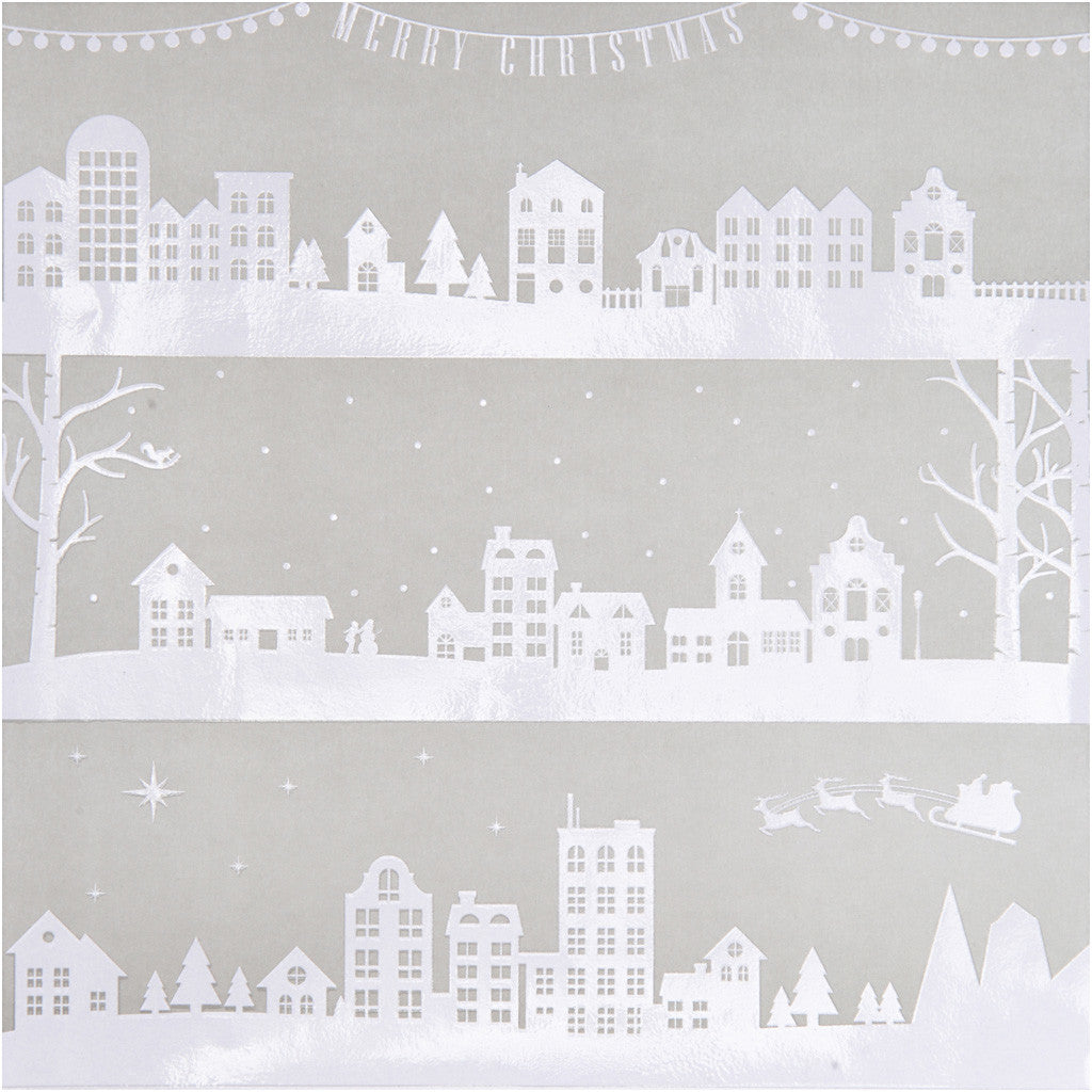 Design papier, huizen en sneeuwvlokken, vel 30,5x30,5 cm, 180 gr, 3 vel/ 1 doos [HOB-25344]