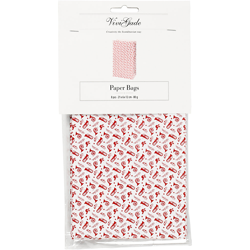 Papieren zakken, trompet, H: 21 cm, afm 6x12 cm, 80 gr, rood, wit, 8 stuk/ 1 doos [HOB-25352]