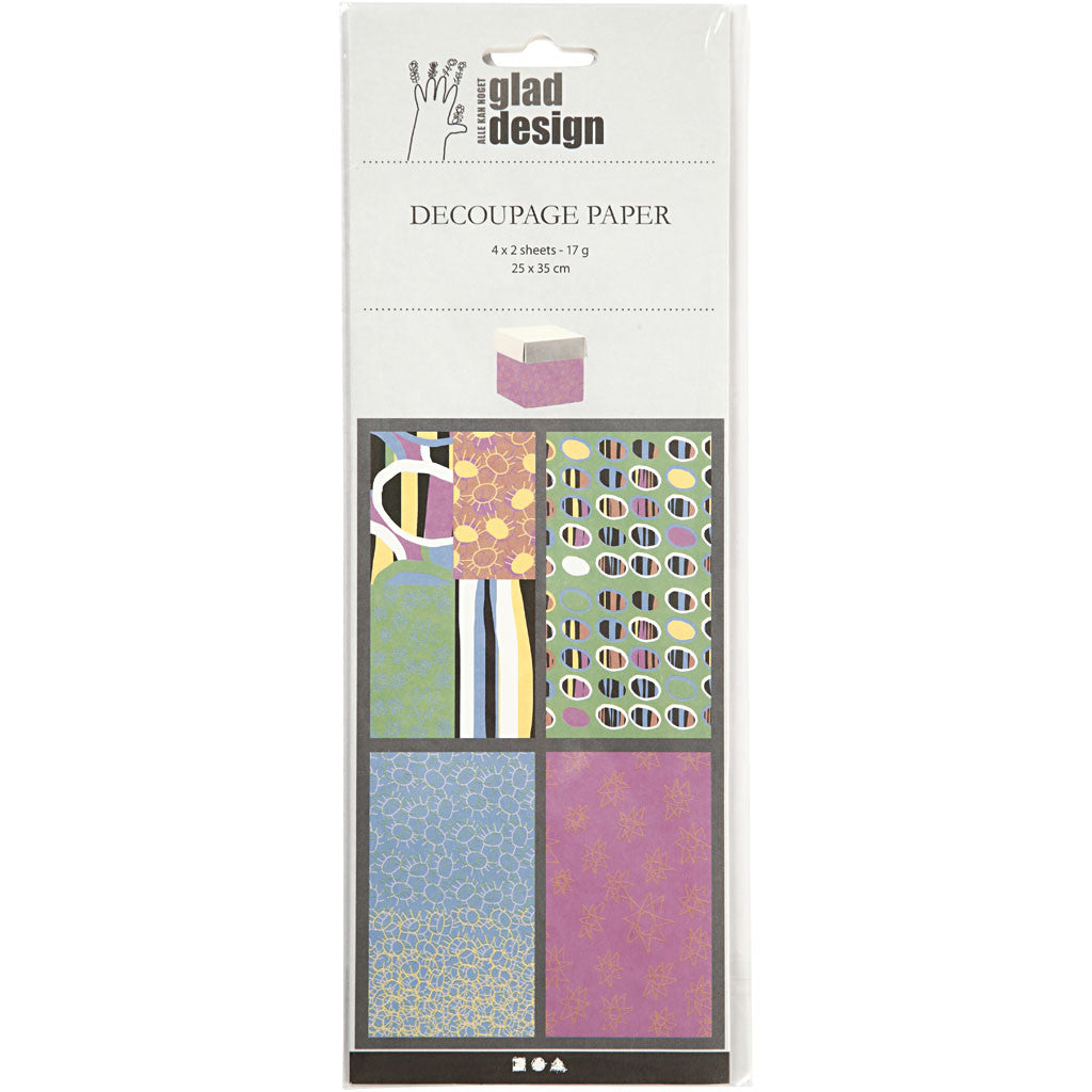 Decoupage papier, vel 25x35 cm, 17 gr, vrolijke kleuren, 4x2 vel/ 1 doos [HOB-254820]