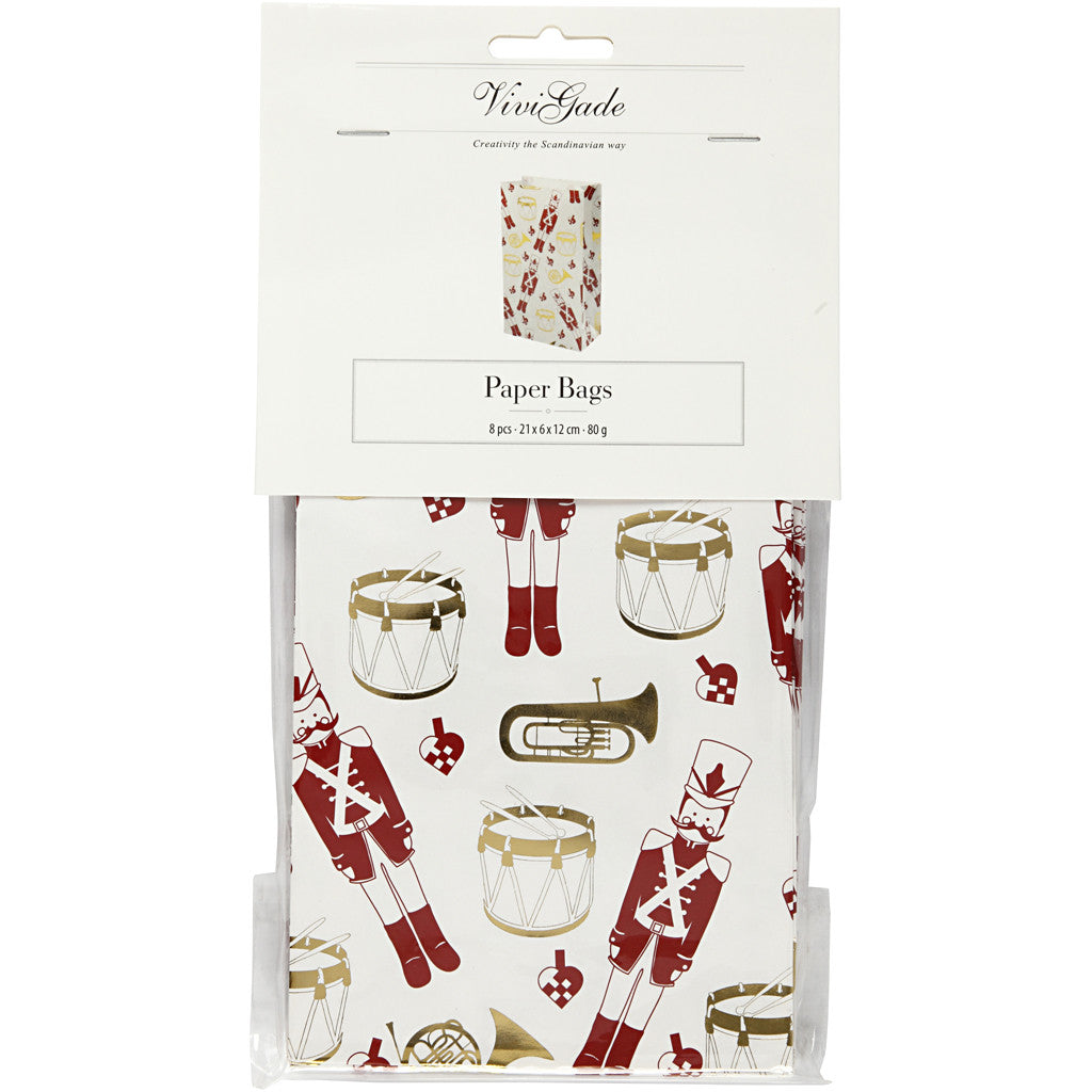 Papieren zakken, notenkraker, H: 21 cm, afm 6x12 cm, goud, rood, wit, 8 stuk/ 1 doos [HOB-26297]