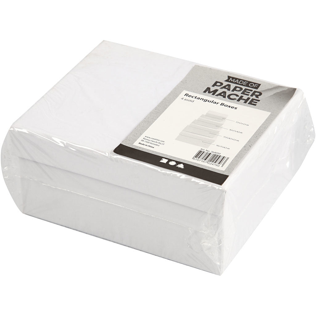 Rechthoekige Dozen, H: 3,5+4,5+5,5+6,5 cm, afm 7,5x5 + 9,5x7 + 11,5x8,5 + 14x11 cm, wit, 4 stuk/ 1 set [HOB-264050]